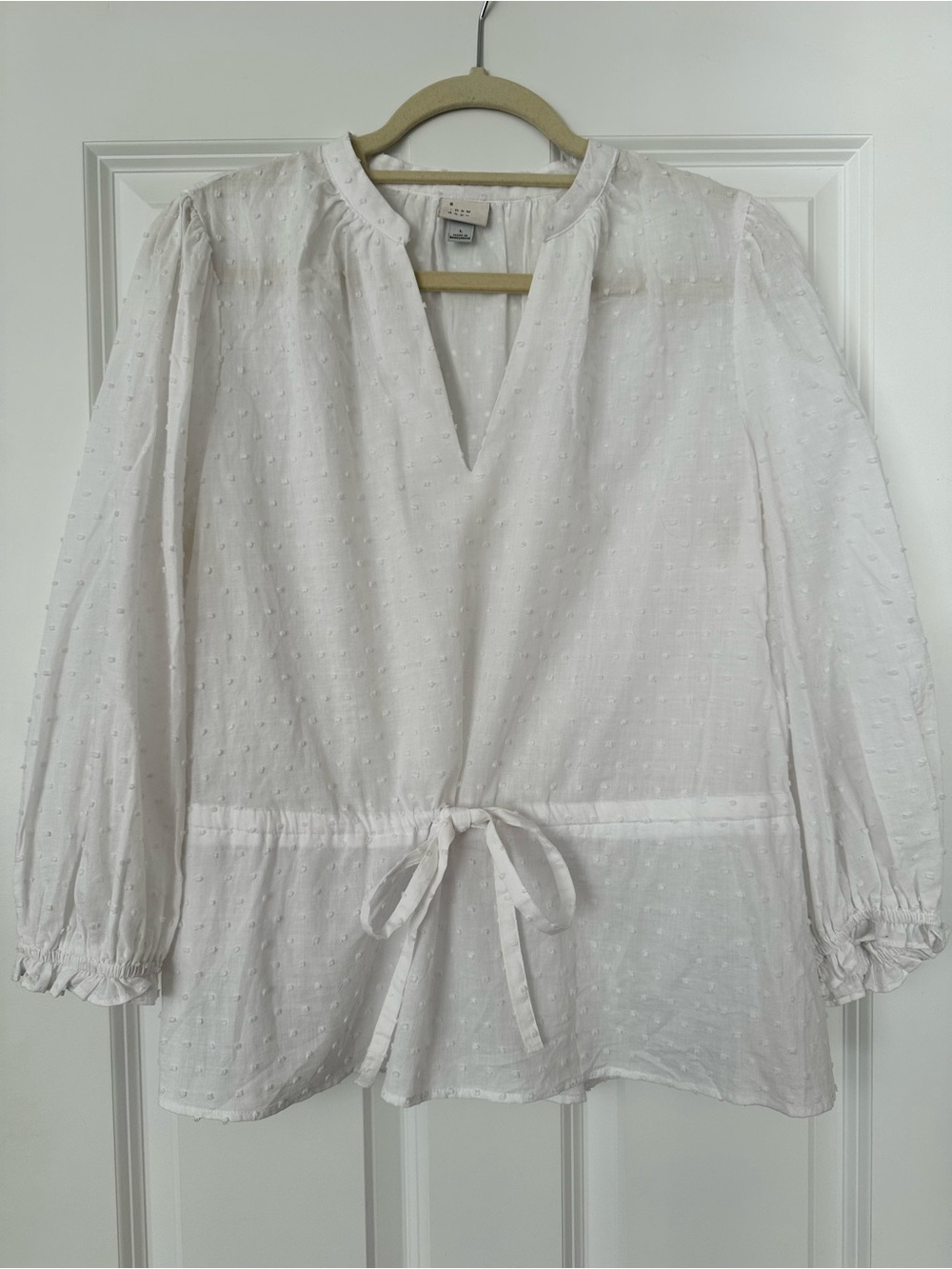 A New Day White Swiss Dot Long Sleeve Tie Waist Blouse L